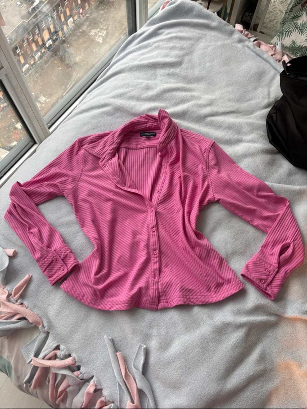 Beechers Brook Slim Fit Ribbed Pink Button-Up Shirt